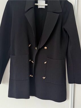 Sandro Paris Black Double-Breasted Cardicoat Blazer with Gold Star and  Buttons